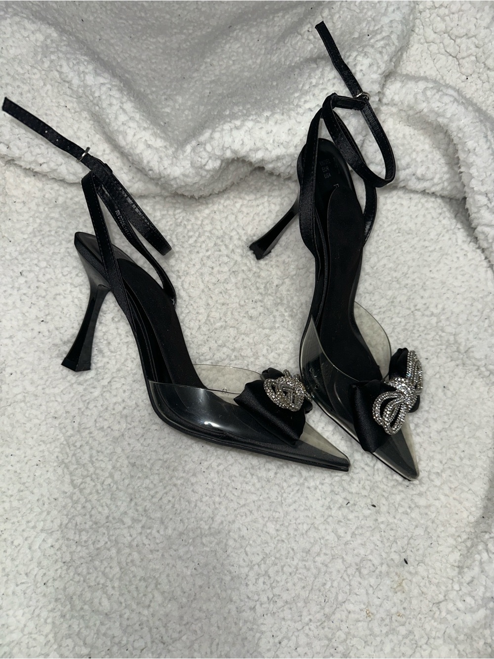 Primark Black Rhinestone Bow Pointed-Toe Slingback Heels